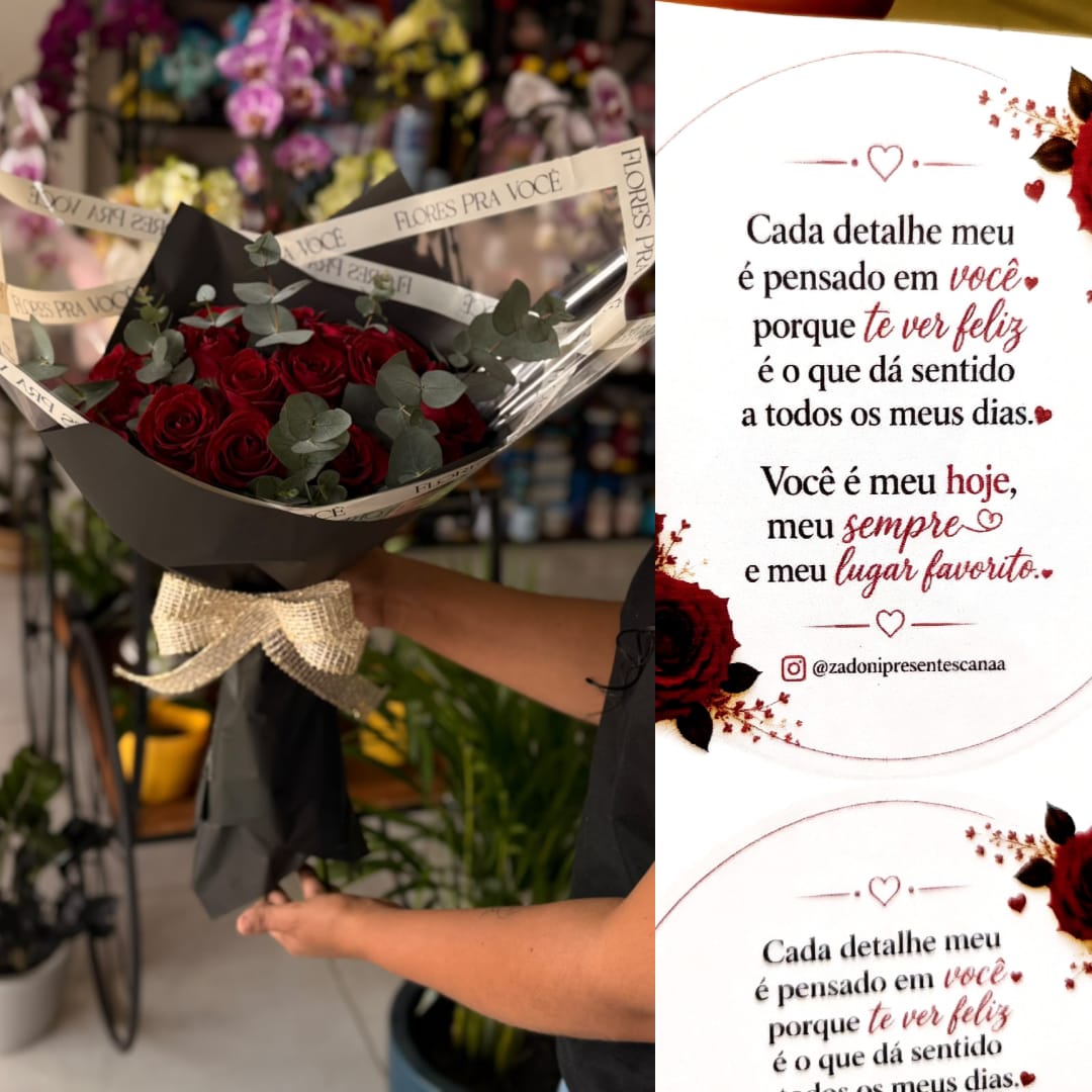 Buquê de rosas naturais vermelhas com folhagens, embalagem preta e laço, ao lado de um cartão romântico