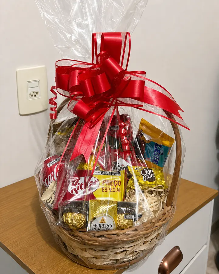 Cesta de aniversário em vime com chocolates e laço vermelho