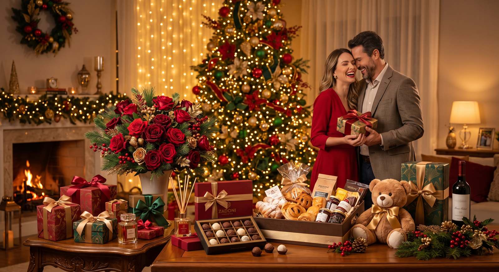 Natal 2026 da Zadoni Presentes: buquê de rosas vermelhas, cesta de café, chocolates, perfumes, ursinho e casal trocando presentes diante da árvore de Natal