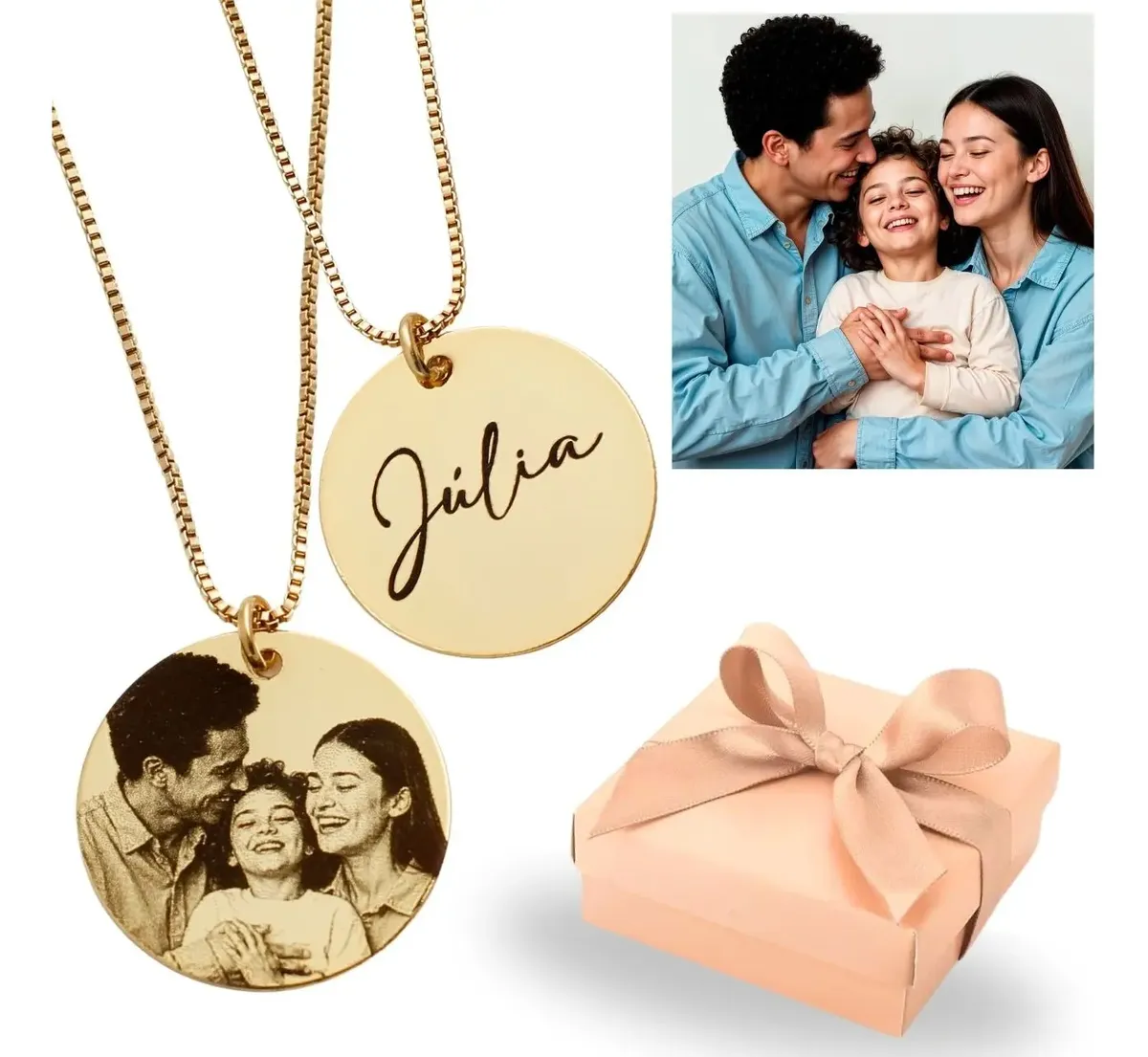 Colar feminino dourado com pingente personalizado com foto e nome