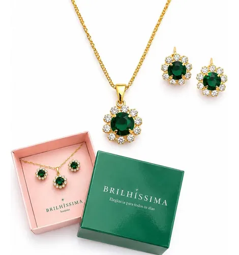 Conjunto dourado de colar e brincos com pedras verdes e zircônias