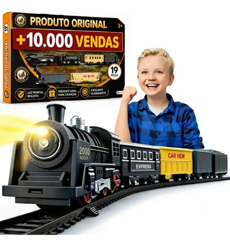 Trem de brinquedo preto com vagões e trilhos montáveis