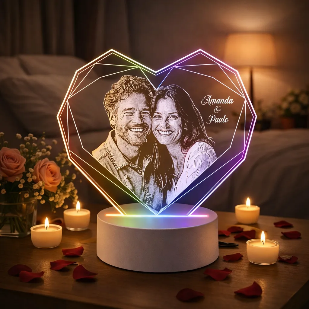 Luminária LED em formato de coração personalizada com foto de casal