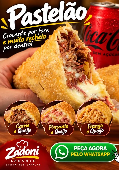 Pastelão com refrigerante e os três recheios: carne com queijo, presunto com queijo e frango com queijo