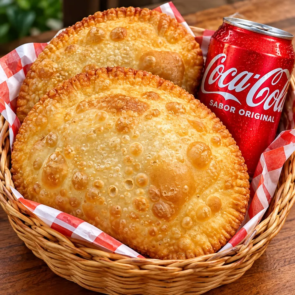 Dois pastelões fritos em cesta com papel xadrez vermelho e uma lata de Coca-Cola