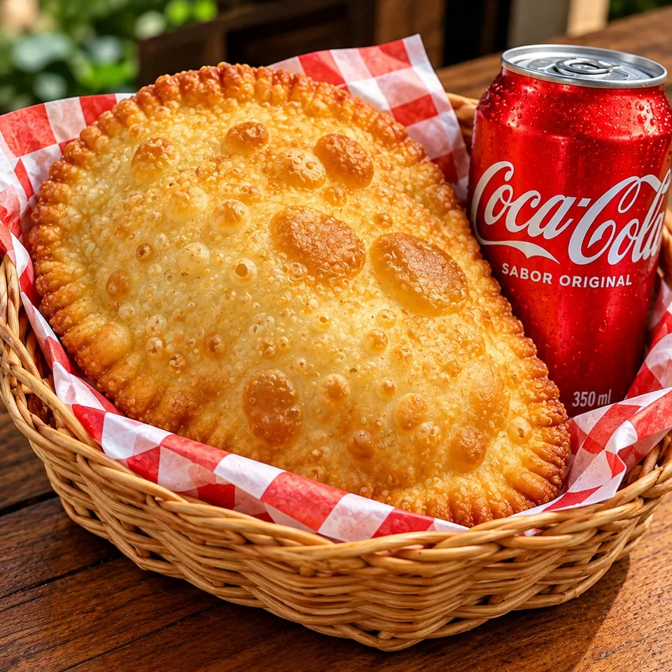 Pastelão frito em cesta com papel xadrez vermelho e uma lata de Coca-Cola de 350 ml