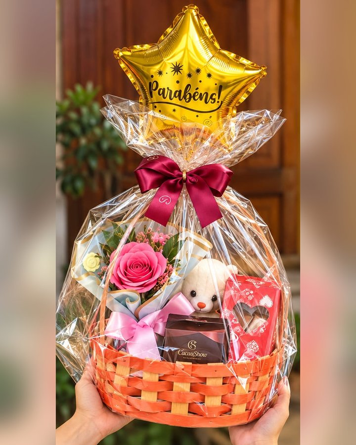 Cesta laranja com buquê de rosa, ursinho de pelúcia e chocolates Cacau Show, embalada com laço marsala
