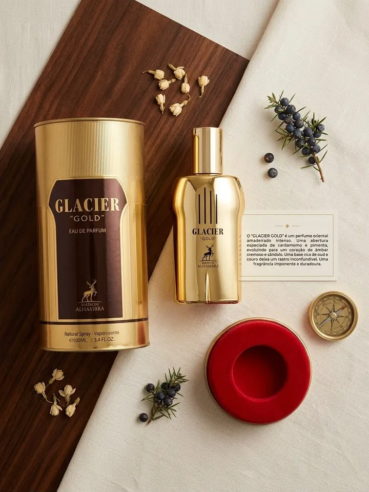 Perfume Glacier Gold Maison Alhambra com frasco e embalagem, perfume importado