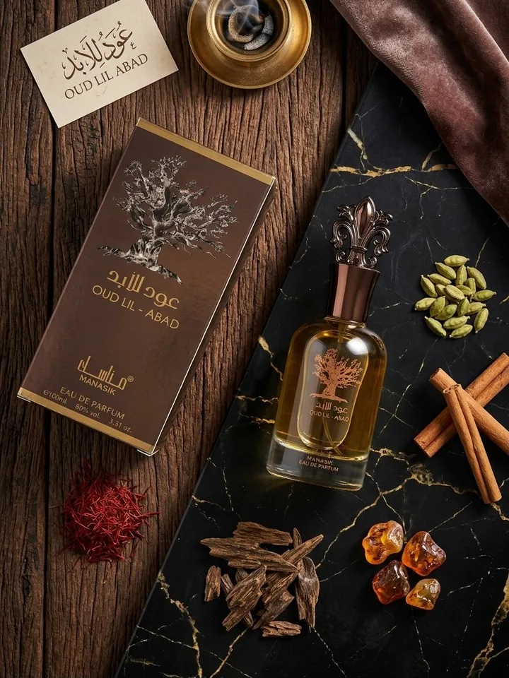 Perfume Oud Lil Abad Manasik com frasco e embalagem, perfume importado