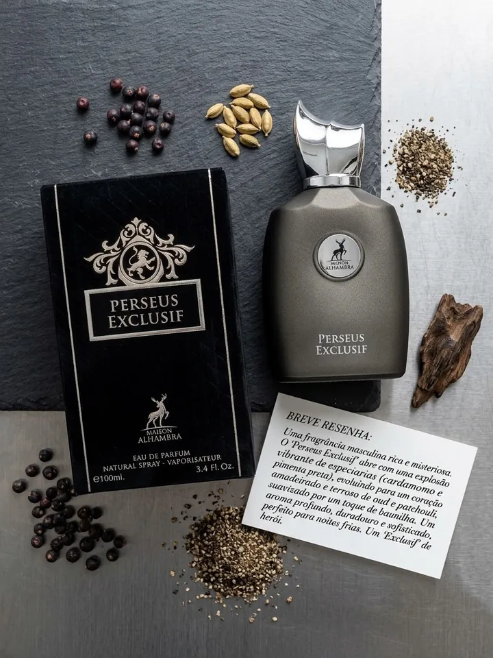 Perfume Perseus Exclusif Maison Alhambra com frasco e embalagem, perfume importado