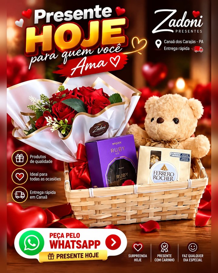 Cesta de palha com buquê de rosas vermelhas artificiais, ursinho de pelúcia, perfume Wepink Ruby VIP e caixa de Ferrero Rocher