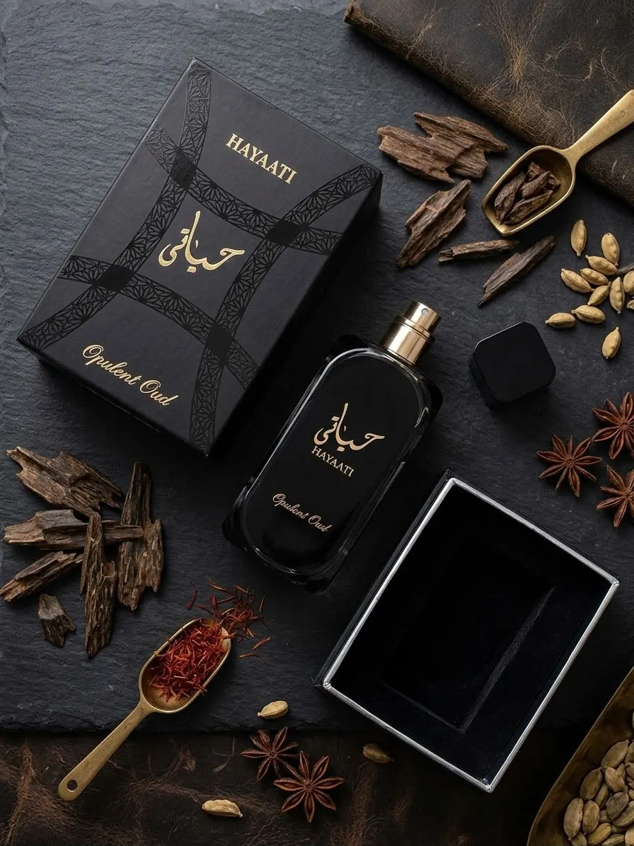 Perfume Hayaati Opulent Oud, frasco preto com caixa preta e dourada, entre madeira de oud e especiarias